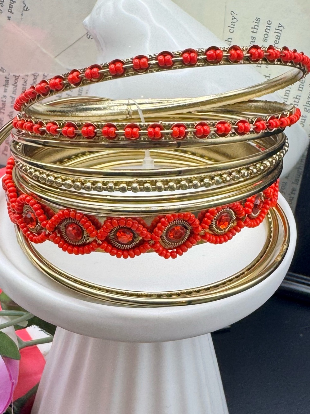 Amrita Singh Gold and Red Beaded Bangle Bracelet Set